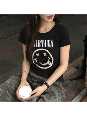 Nirvana Daisy Smiley Baby Tee RibbedBlack Crop Top Size S
